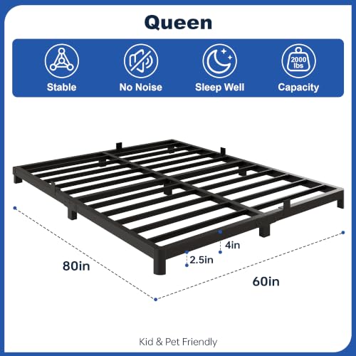 Queen Bed Frame, 4 Inch Low Profile Metal Platform Bed with Round Legs