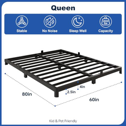 Queen Bed Frame, 4 Inch Low Profile Metal Platform Bed with Round Legs