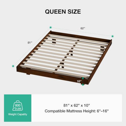 Floating Solid Wood Queen Bed Frame with Motion Sensor LED Light & Charging Station, Heavy Duty Platform Bed Frame, Noise-Free, No Box Spring Needed, Walnut Finish