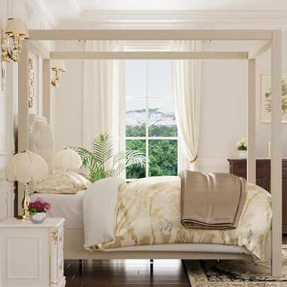 Upholstered Full Size Bed Frame with Canopy Poles and Headboard