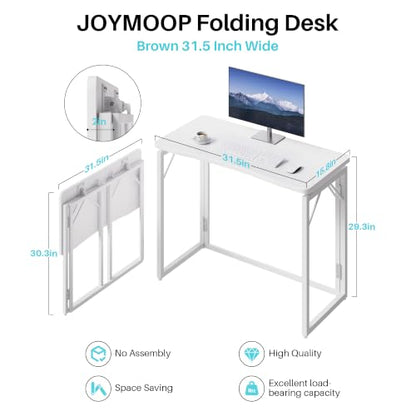 31.5" White Folding Desk, No Assembly, Wooden Top, Small Size