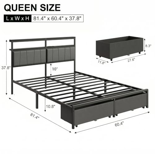 Queen Bed Frame with Storage Drawers and Charging Station, Grey