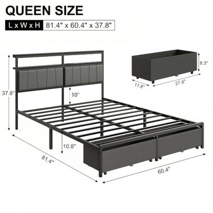 Queen Bed Frame with Storage Drawers and Charging Station, Grey