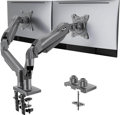 HUANUO Dual Monitor Stand, Fully Adjustable Monitor Desk Mount for 13–32″ Computer Screens, Full Motion VESA 75x75/100x100 with C-Clamp & Grommet Base, Each Arm Holds 4.4 to 19.8 lbs -Grey
