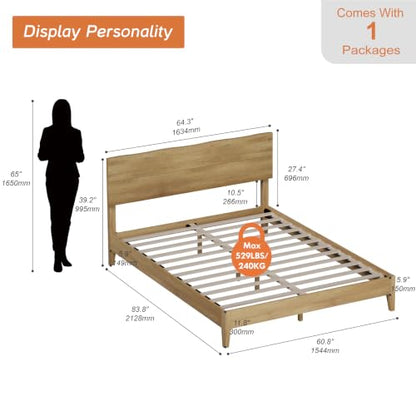 Queen Bed Frame with Wave Headboard, Solid Wood Legs, Oak