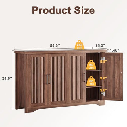 55" Fluted Sideboard Buffet Cabinet with Storage,Walnut