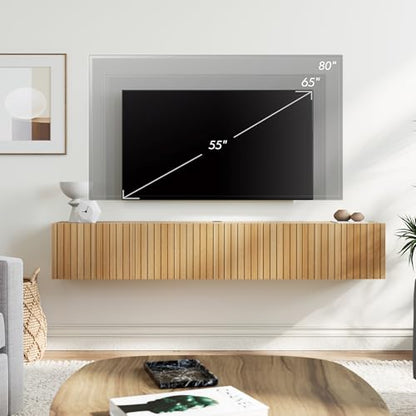 70" Modern Fluted Floating TV Stand, Oak