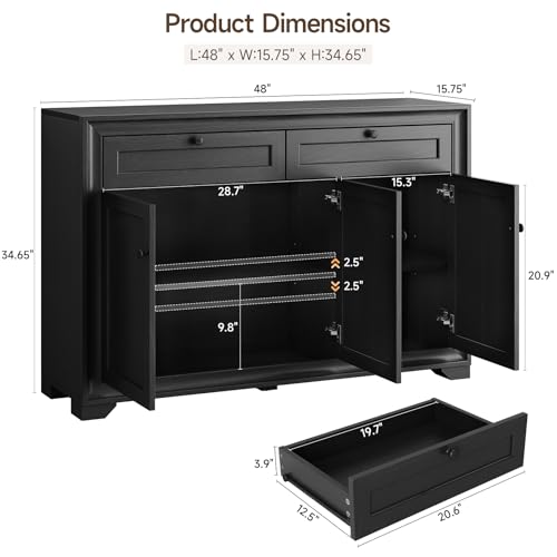 48 Inches Sideboard Buffet Cabinet with Storage, Black