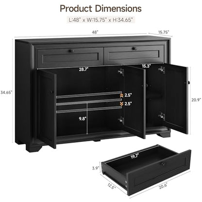 48 Inches Sideboard Buffet Cabinet with Storage, Black