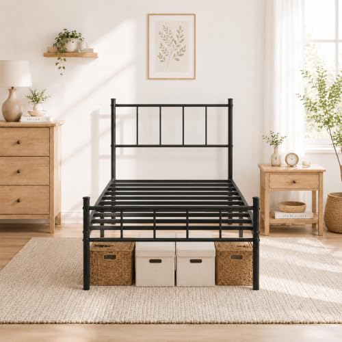 Twin Bed Frame with Headboard,Steel Slat Support,Easy Assembly