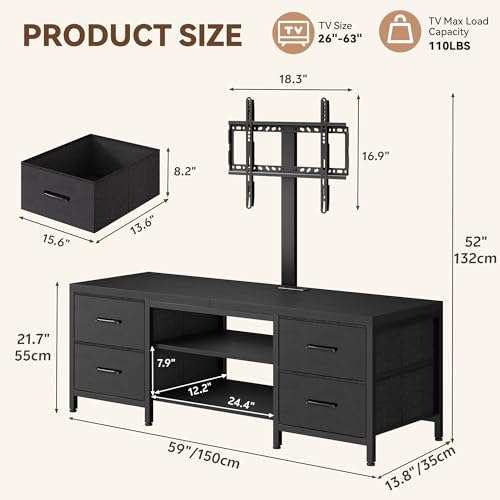 TV Stand with Mount for 75 Inch TV, w/LED & Outlets, 59'' Black