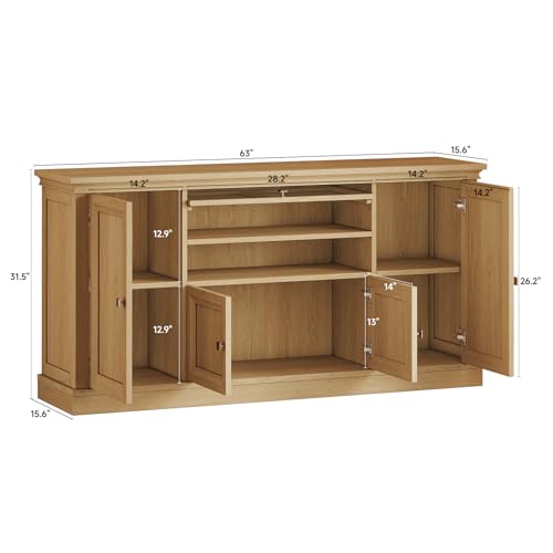 63" Large Farmhouse Sideboard Buffet Cabinet with Storage, Natural