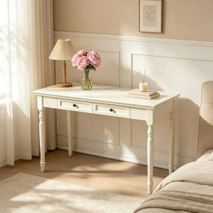 47” Solid Wood Writing Desk with Drawers, White