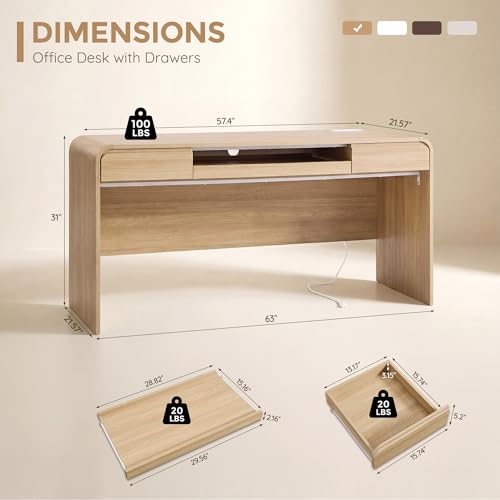 63" Modern Computer Desk with 2 Drawers, Wood Curved (Natural)