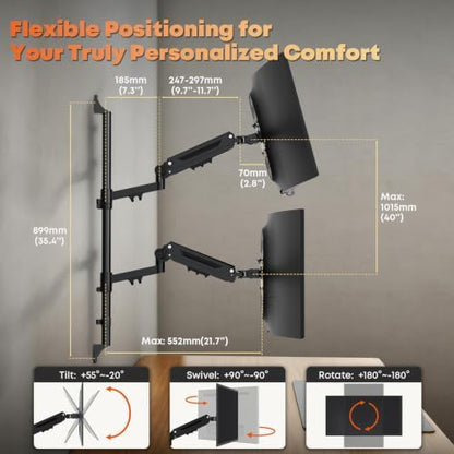 17-40" Dual Monitor Wall Mount, Gas Spring Arms Hold 26.4 lbs Each, Black