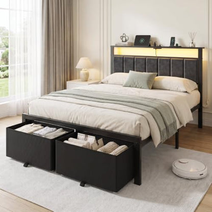 Full Size Bed Frame with Upholstered Headboard and 2 Storage Drawers