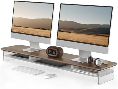 Fenge 42.5" Dual Monitor Stand with Clear Acrylic Legs, Brown
