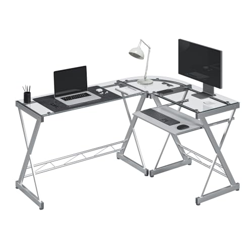 L Shaped Desk with Keyboard Tray & Tempered Glass Desktop