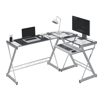 L Shaped Desk with Keyboard Tray & Tempered Glass Desktop