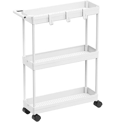 3-Tier Slim Rolling Cart w/Handle 5.5" Wx27.5 H, White