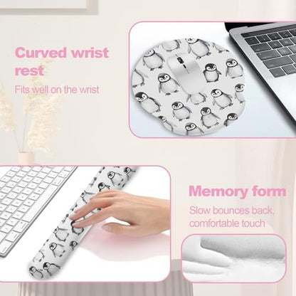 Funny Cute Penguin Mouse Pad with Wrist Rest Set, 3-in-1 Wrist Support Mousepad Set, Gaming Mat Pad with Anti-Skid Base,Ergonomic Memory Foam Mouse Pad Set for Women, Office, Typing, Gaming