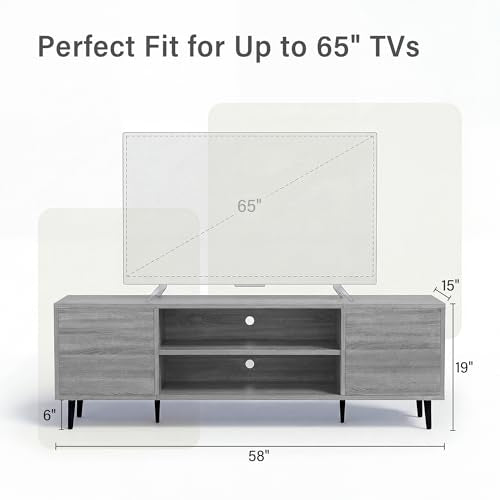58 Inch Mid-Century Modern TV Stand with Storage, Gray