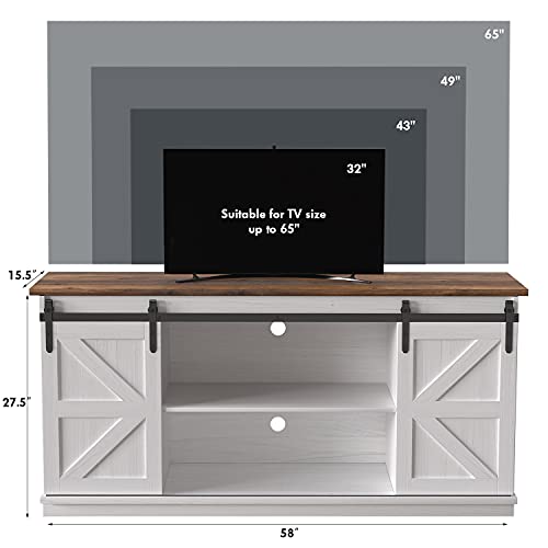 TV Stand for 65 Inch TV, Sliding Barn Doors, Bright White