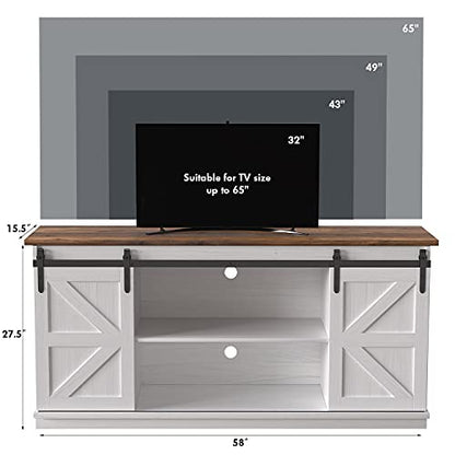TV Stand for 65 Inch TV, Sliding Barn Doors, Bright White