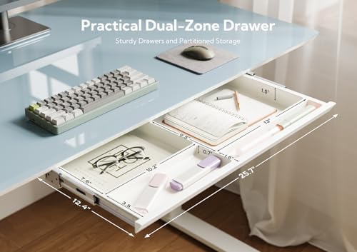 INNOVAR Glass Standing Desk with Drawers 55×24 Inch Morandi Blue