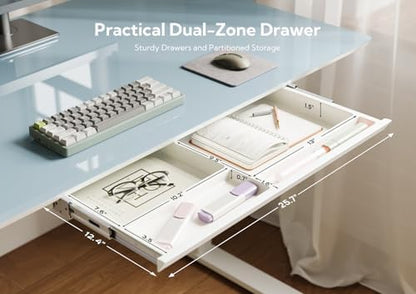INNOVAR Glass Standing Desk with Drawers 55×24 Inch Morandi Blue