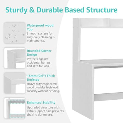 Wood Desk with Hutch and 3 Drawers， White