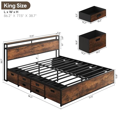 King Size Bed Frame with 12 Fabric Drawers and Headboard