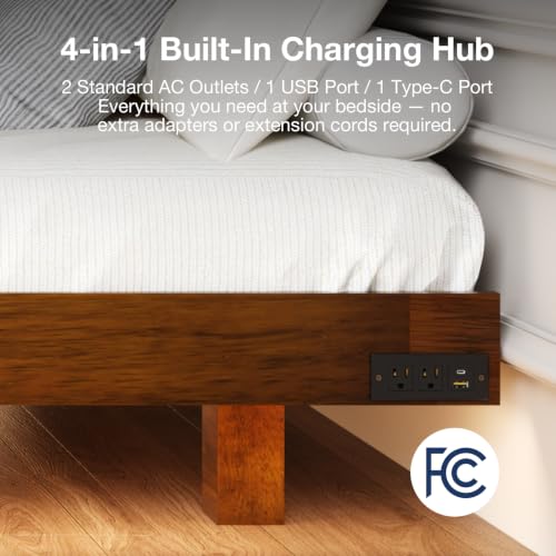 Floating Solid Wood Queen Bed Frame with Motion Sensor LED Light & Charging Station, Heavy Duty Platform Bed Frame, Noise-Free, No Box Spring Needed, Walnut Finish