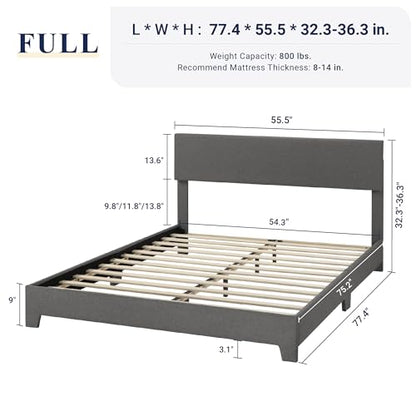 Full Size Upholstered Bed Frame Adjustable Headboard, Dark Grey