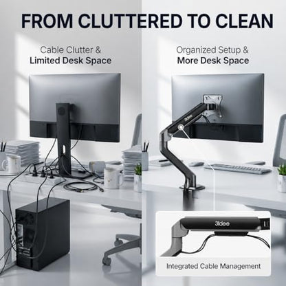 3IDEE FlexiLite Single Monitor Arm Desk Mount for 17-32" Screens, Holds up to 20 lbs, Slim Aluminium Design, Fully Adjustable & Flexible, Quick Box to Desk Setup, Clamp/Grommet Base, VESA 75/100
