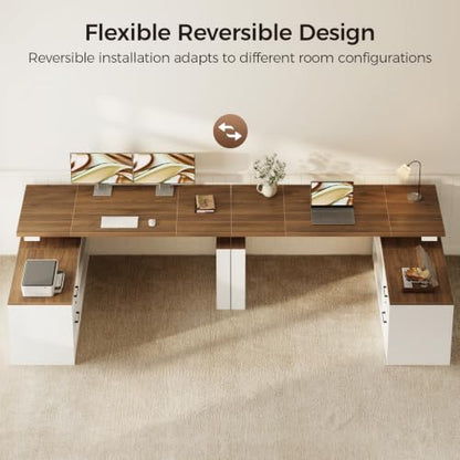 55 Inch Farmhouse L Shaped Electric Standing Desk, Walnut+White