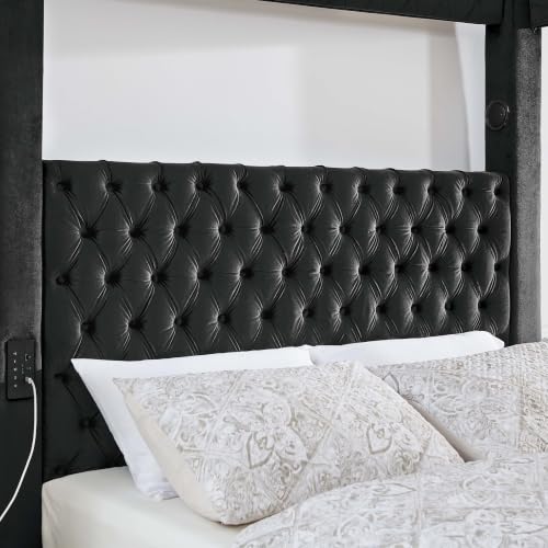 Queen Size Canopy Bed Frame, Velvet Upholstered Bed with Headboard, Black