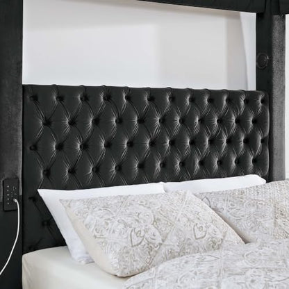 Queen Size Canopy Bed Frame, Velvet Upholstered Bed with Headboard, Black