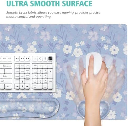 Large Mouse pad,4 in 1 Extended Keyboard Desk Mat with Wrist Rest,Non-Slip Desk Pad Protector Easy Typing Pain Relief for Home Office (Light Purple Flower)
