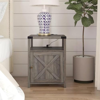 Farmhouse Nightstand Set of 2 with Storage, Rustic End Table, Grey