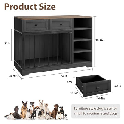 47" Medium Dog Crate Furniture with Storage, Black