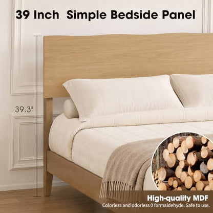 Queen Bed Frame with Wave Headboard, Solid Wood Legs, Oak
