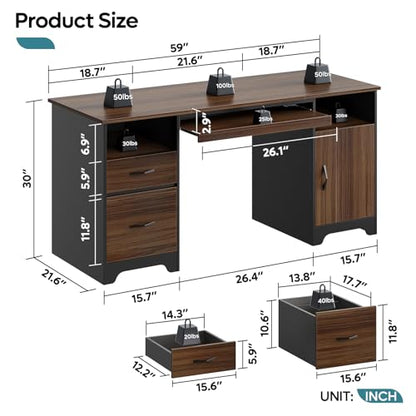 59" Office Desk with File Drawer, Keyboard Tray & 2 Drawers, Cherry