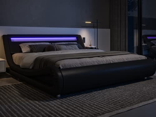 Queen Size LED Platform Bed Frame with Adjustable Headboard, Black