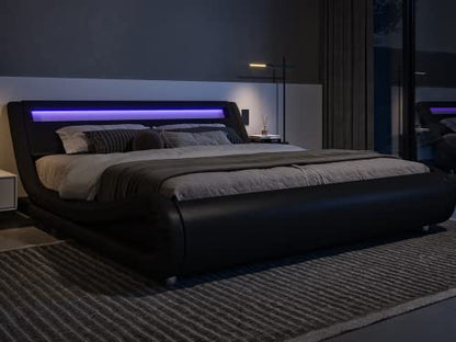 Queen Size LED Platform Bed Frame with Adjustable Headboard, Black
