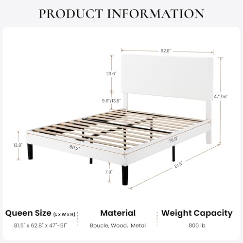 Boucle Upholstered Queen Size Bed Frame, White