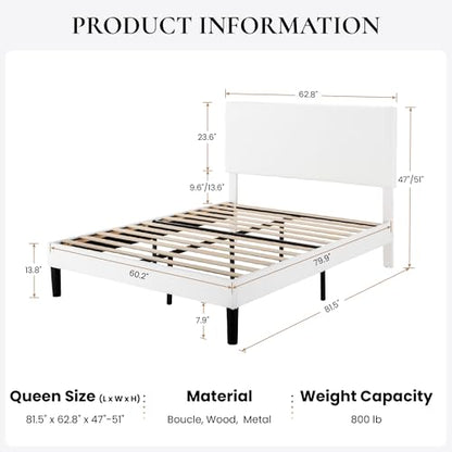 Boucle Upholstered Queen Size Bed Frame, White