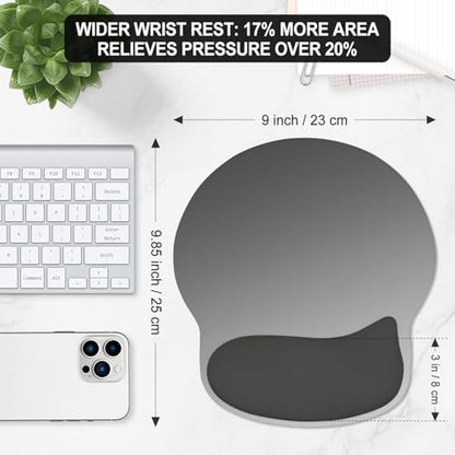 ITNRSIIET Ergonomic Mouse Pad with Wider Memory Foam Wrist Rest +17% - Curved Cushion Reduces Pressure 20%, Pain Relief, Non-Slip, Smooth, Cute Colors, 9.85 x 9 in, Gray