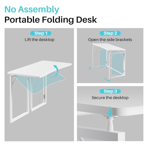 31.5" White Folding Desk, No Assembly, Wooden Top, Small Size