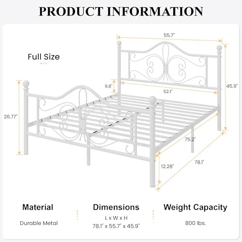 Full Size Metal Bed Frame with Butterfly Headboard, White